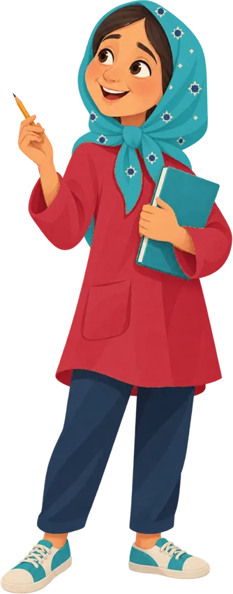 آوا، دختری هشت‌ساله با روسری فیروزه‌ای و کت قرمز، با دفتر نقاشی‌اش.