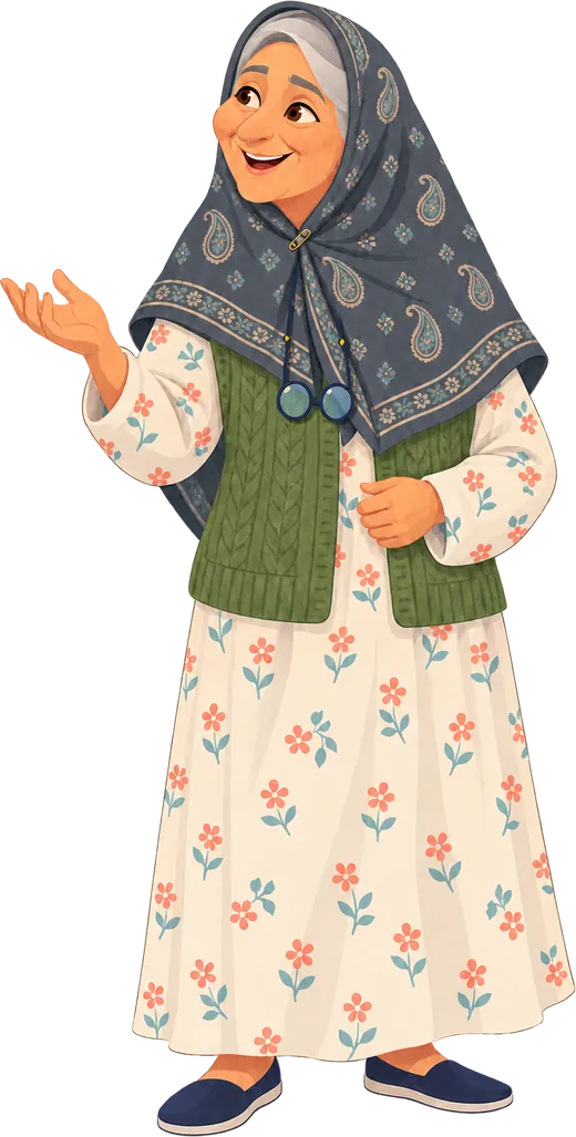 بی‌بی‌جان، مادربزرگی خندان با چارقد، پیراهن گل‌دار و جلیقه‌ی بافتنی.